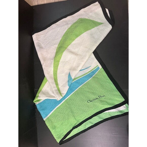 Vtg Christian Dior Multi-Color White Teal Green Black Abstract CD Monogram Scarf - Picture 3 of 15